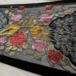 Embroidered Peacock and Floral Scarf Vintage